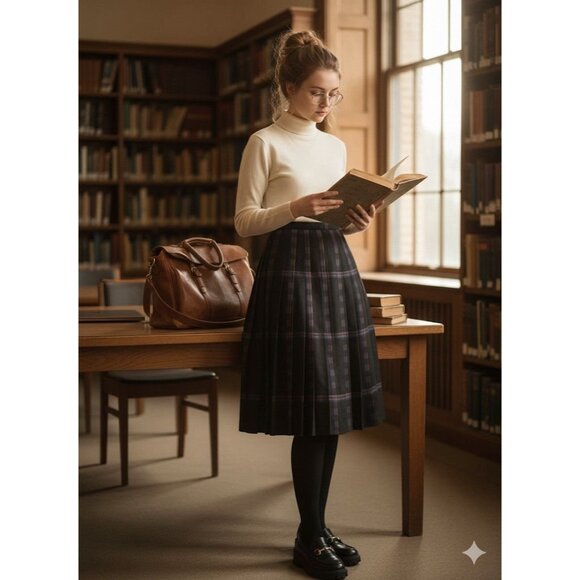 J. Davis Ltd. Vtg Plaid Pleated Midi Skirt Pockets Side Closure Sz 8 Acedemia - Picture 1 of 7